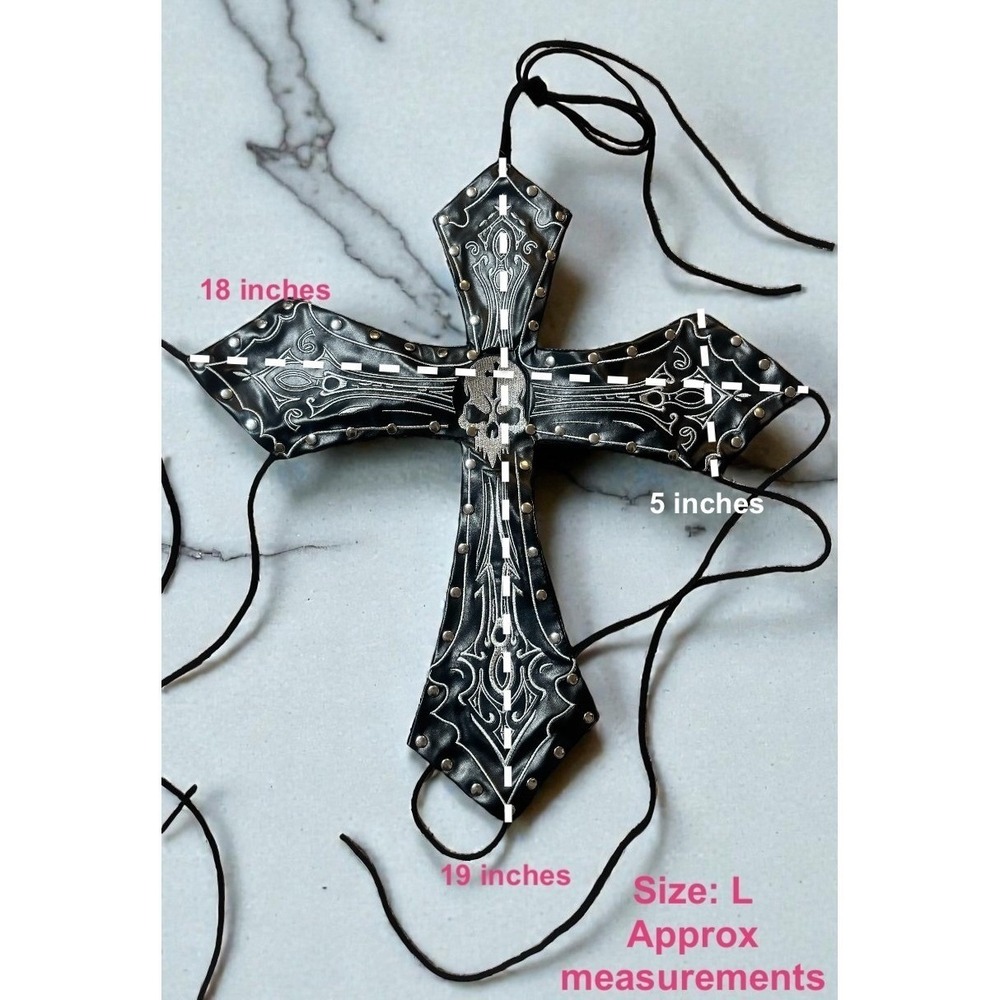 Large Black Cross Skull Backless Halter Top Studded Leather Rave EDM Vegan - Picture 4 of 4